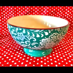 Pioneer Woman Traveling Vines Flowers Red Rim Teal Footed Soup/Cereal Soup Bowl